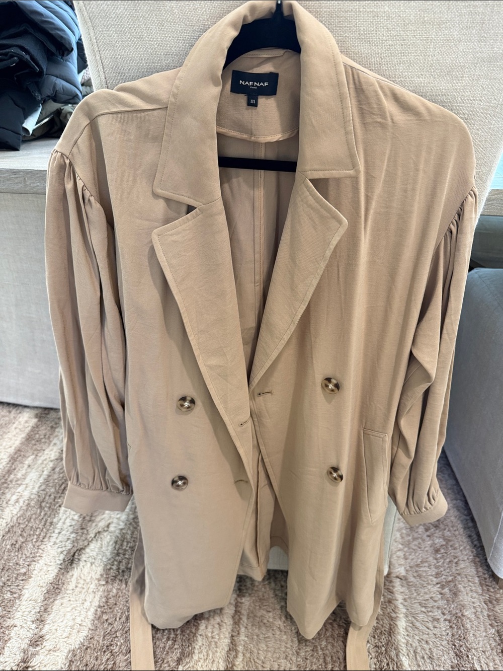 NAF NAF Beige Double-Breasted Trench with Gathered Sleeves